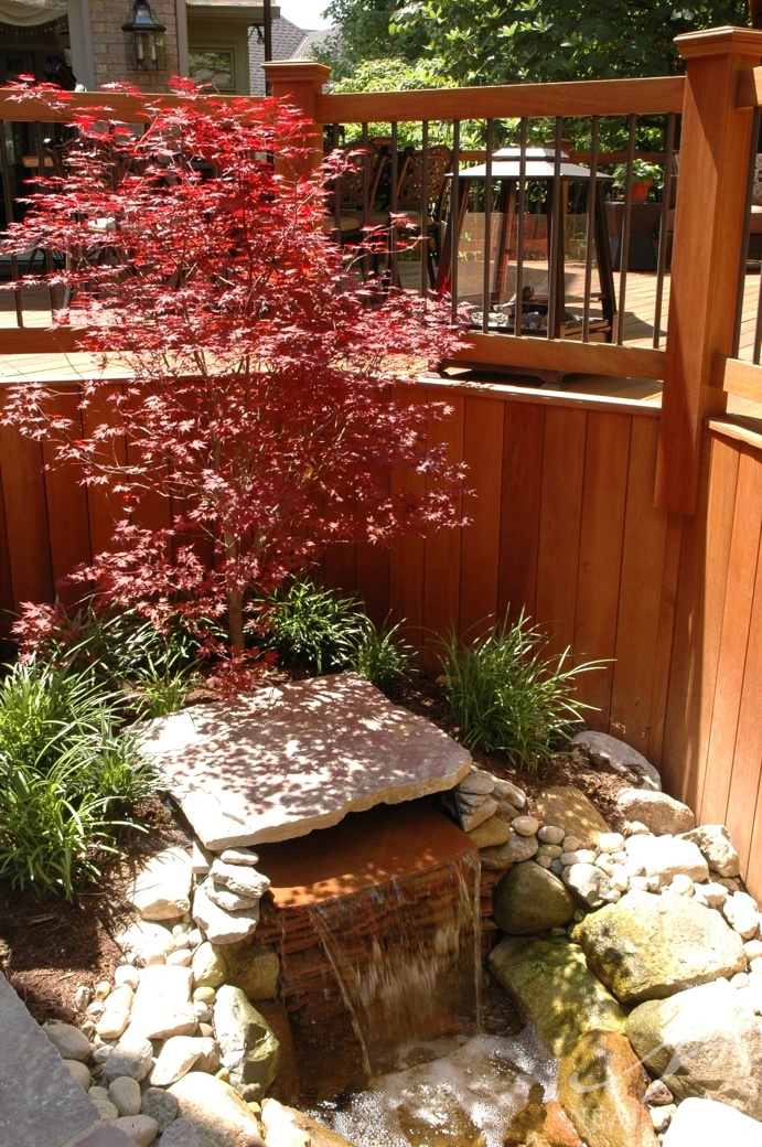 In this Neal's backyard remodel, a small waterfall was included in the area between two zones. The rustic design and the Japanesse maple planted nearby help it blend in naturally.