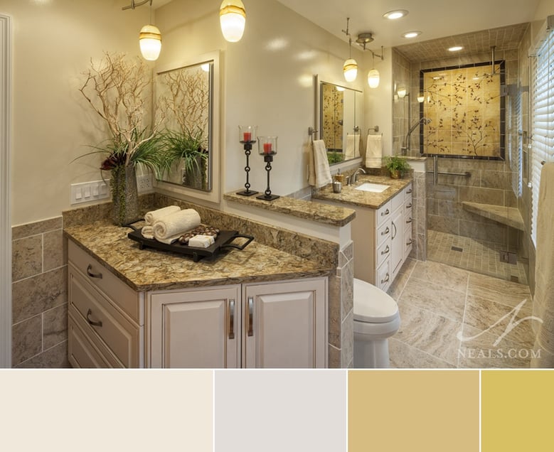 A low-contrast off-white and yellow bathroom that helps the small space feel larger.