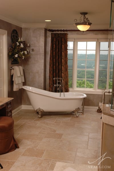 The remodeled bath is open, and a larger window provides better light and a better chance to see the river.