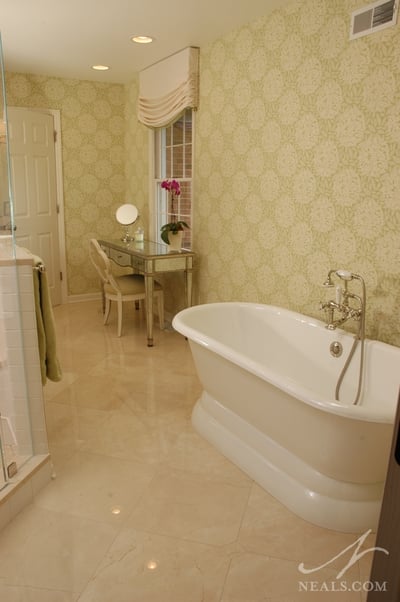 A floral motif wallpaper adds more romantic style to this narrow bathroom remodel.