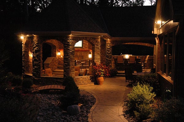 outdoor living space with night lighting