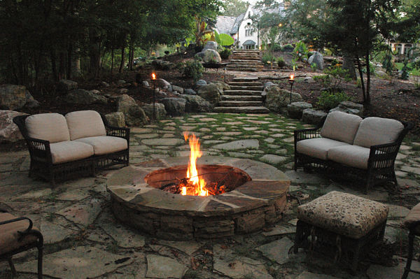 wood-burning firepit in garden