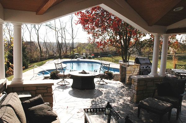 poolside firepit and outdoor living space
