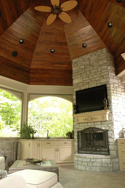 stone fireplace in gazebo