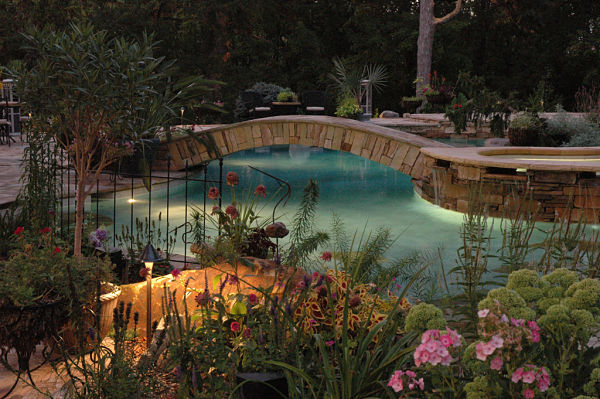 stone bridge over pool