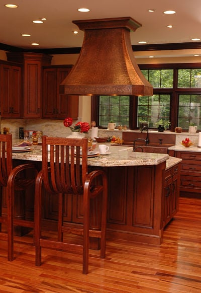 kitchen with hammered copper hood