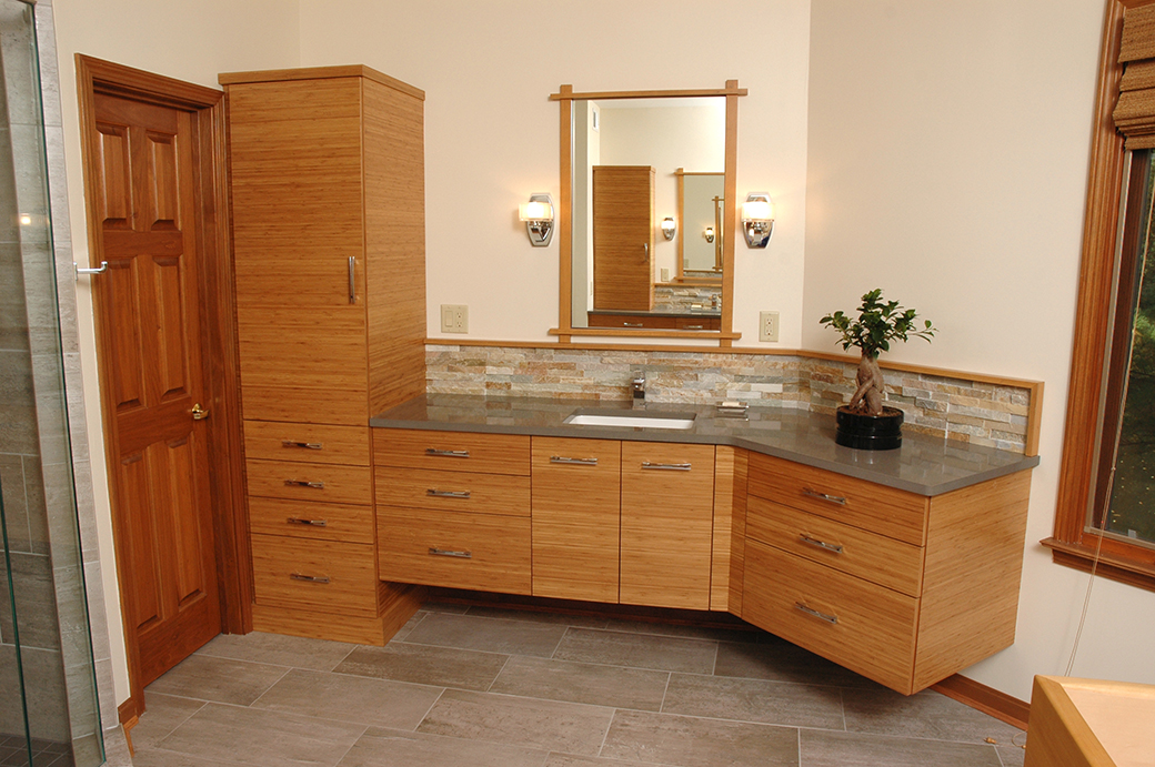 A soft off-white with a pink undertone in this contemporary bathroom.