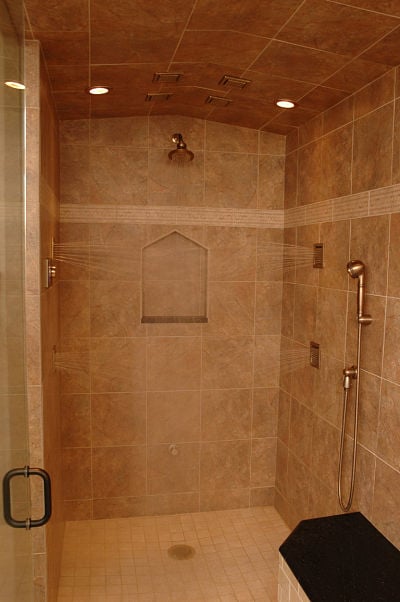 walk-in shower with multiple body sprays