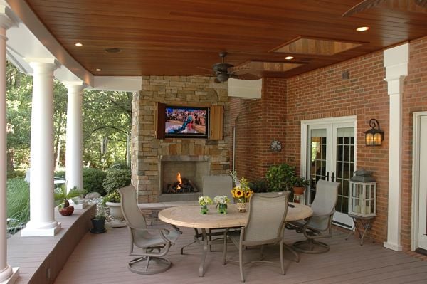 gas fireplace on open porch