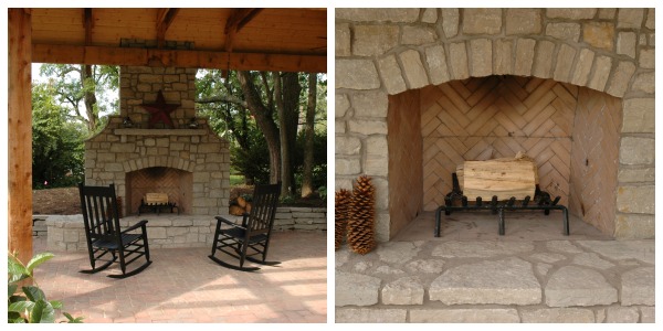 wood burning stone fireplace in open air shelter