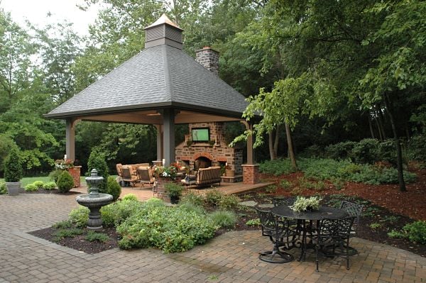 gazebo with outdoor fireplace and tv