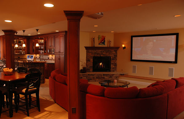 basement with kitchenette and media room