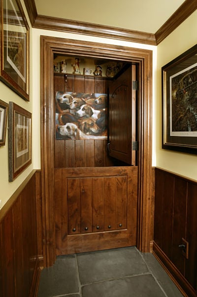 dog grooming area with dutch double door
