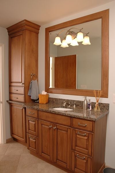 Cabinet knobs and pulls matched to bathroom fixtures