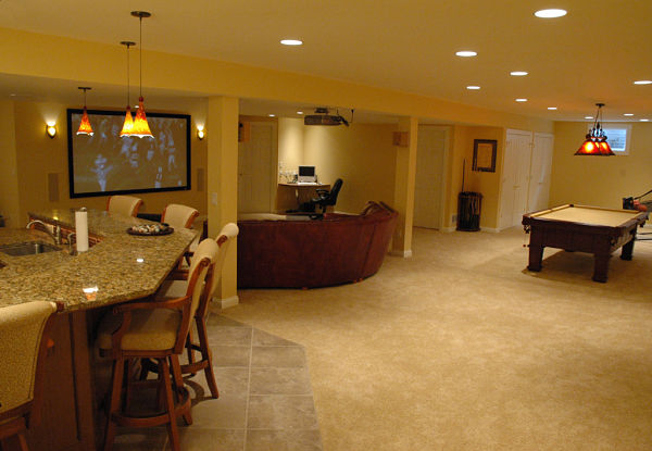 basement sports center with projection screen