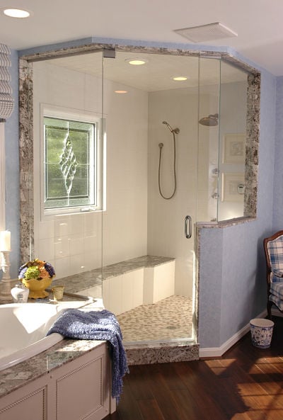 elegant master bathroom with a walk-in shower