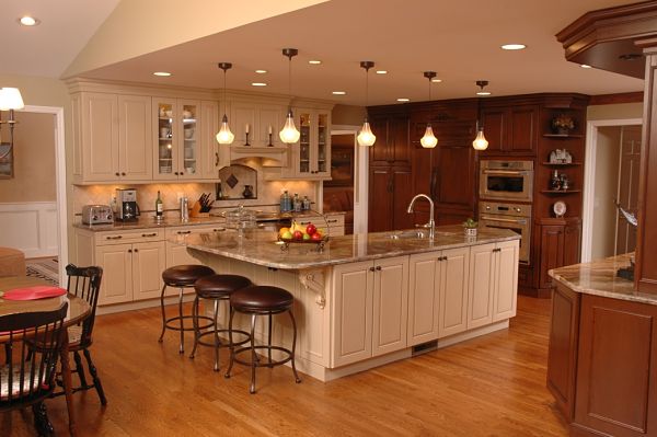 kitchen with white and cherry cabinets