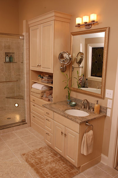 bathroom cabinetry with open shelving