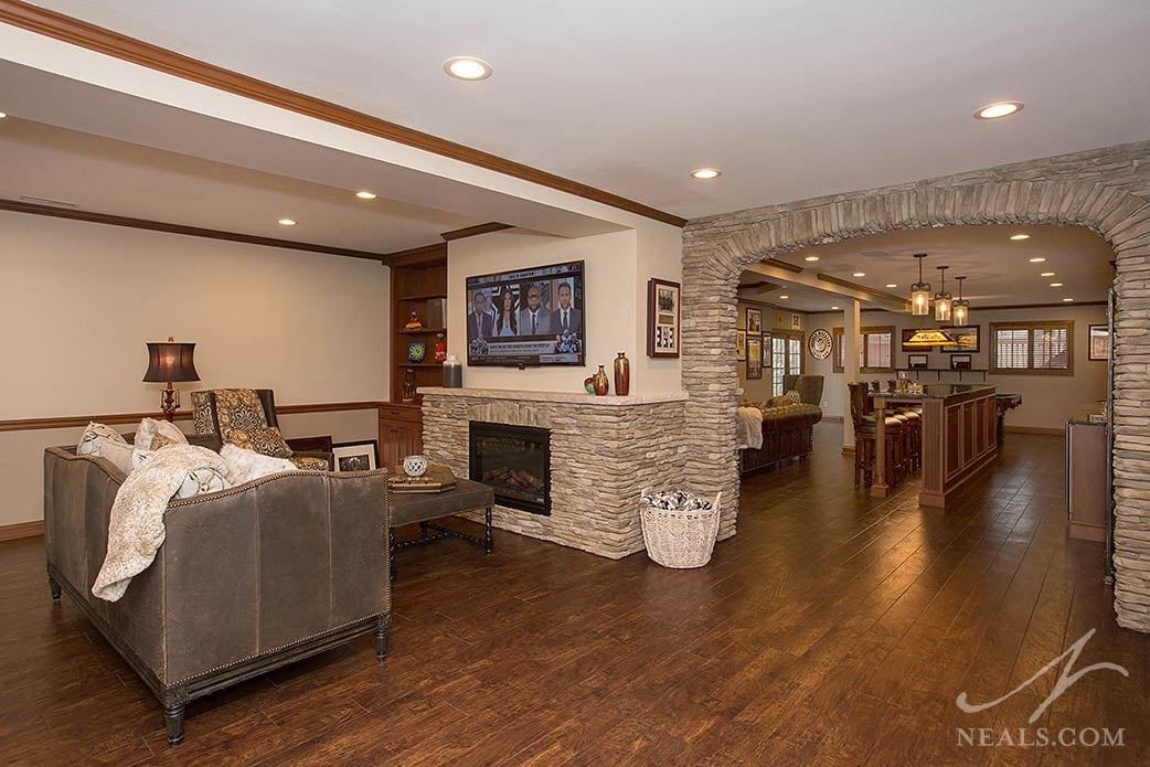 basement with multiple seating areas