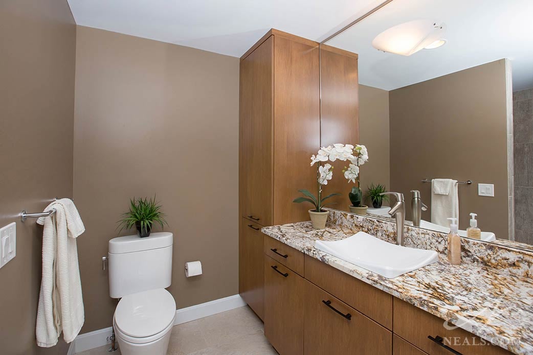 bathroom with tall storage cabinet