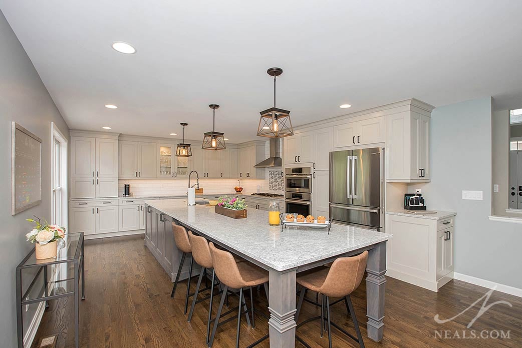 transtional kitchen with a farmhouse style and large island