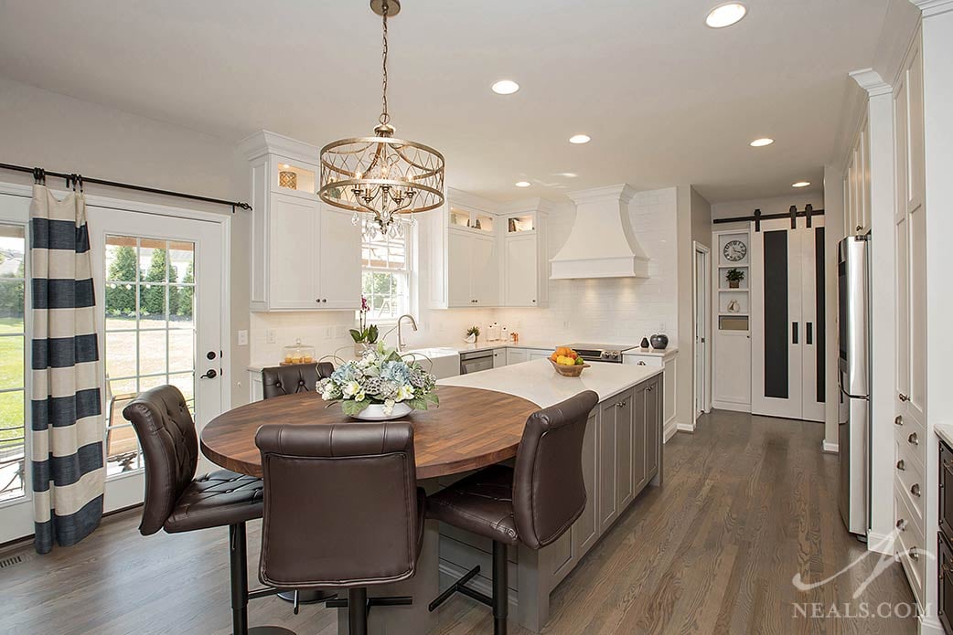 transitional kitchen with white, gray and black cabinetry