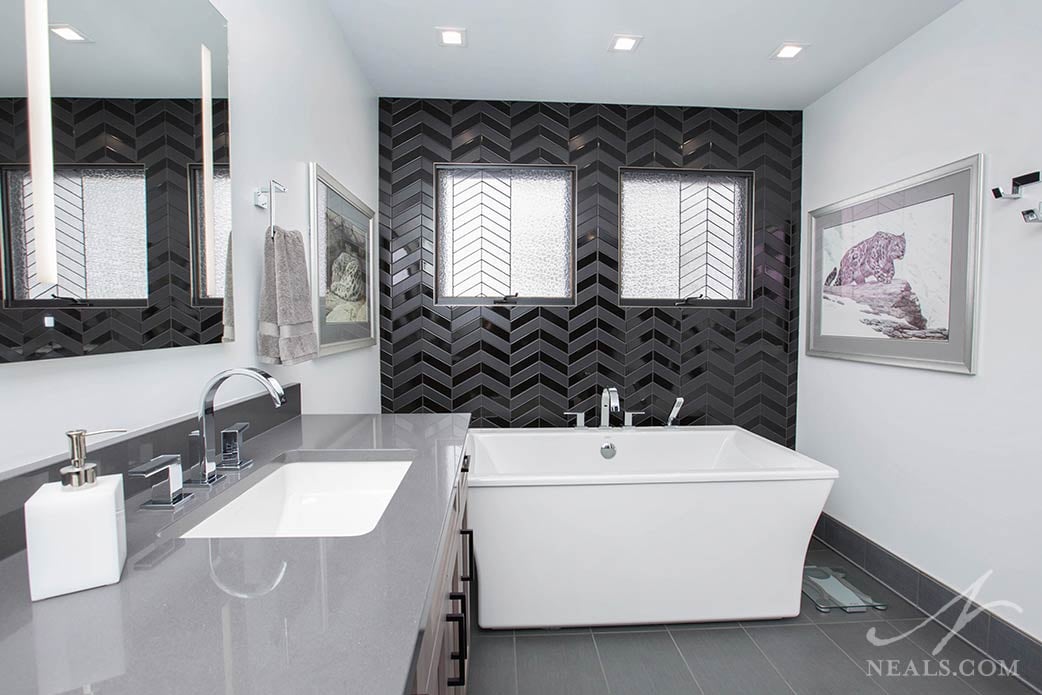 Angular free-standing tub in an Evendale bathroom remodel.