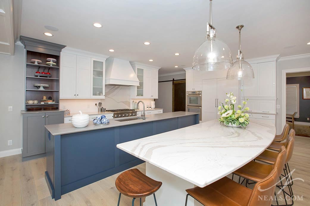 kitchen with gray and blue cabinetry