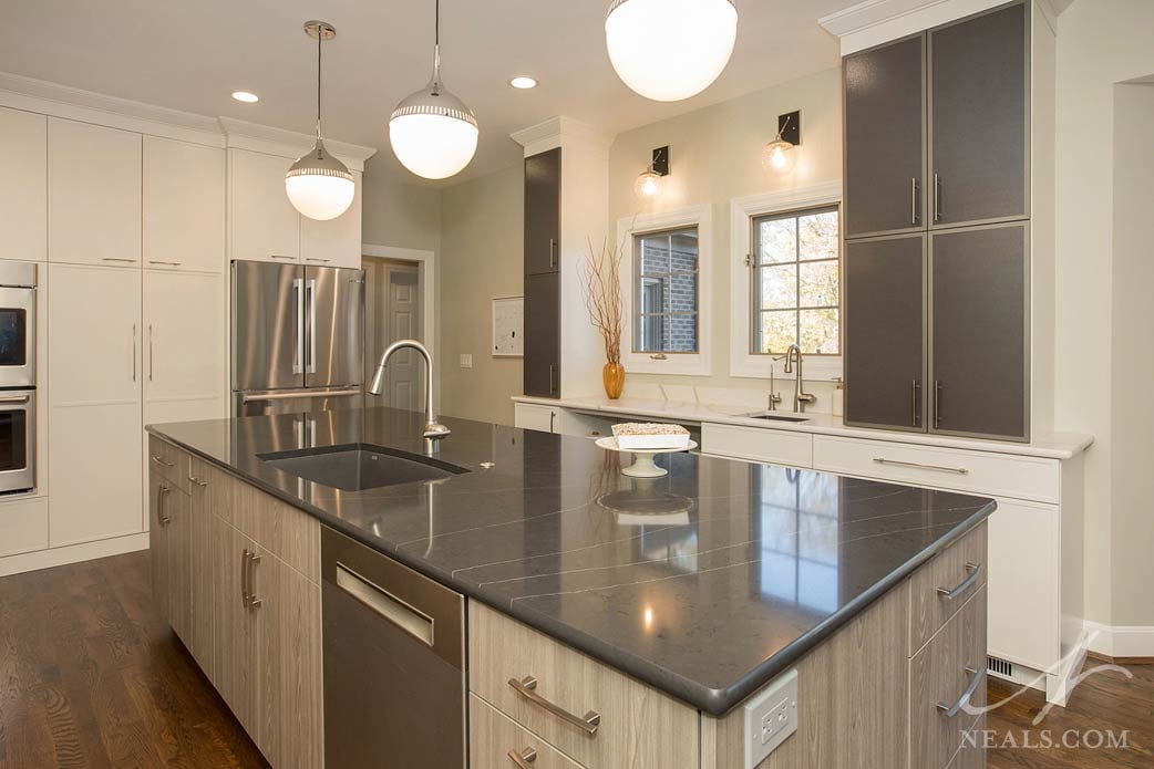 contemporary kitchen with gray textured cabinets