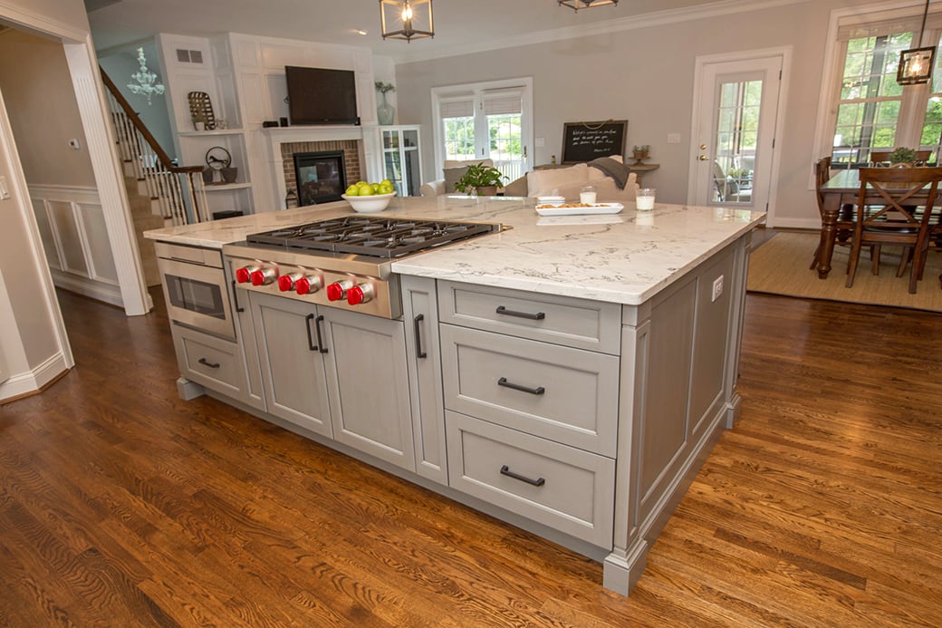 This island in this Loveland kitchen is packed with storage in addition to appliances.