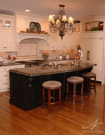 kitchen with a contrasting black island