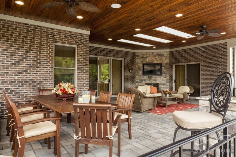 corner fireplace in a porch remodel in Blue Ash