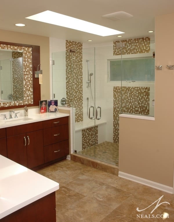 A large walk-in shower with universal design details.