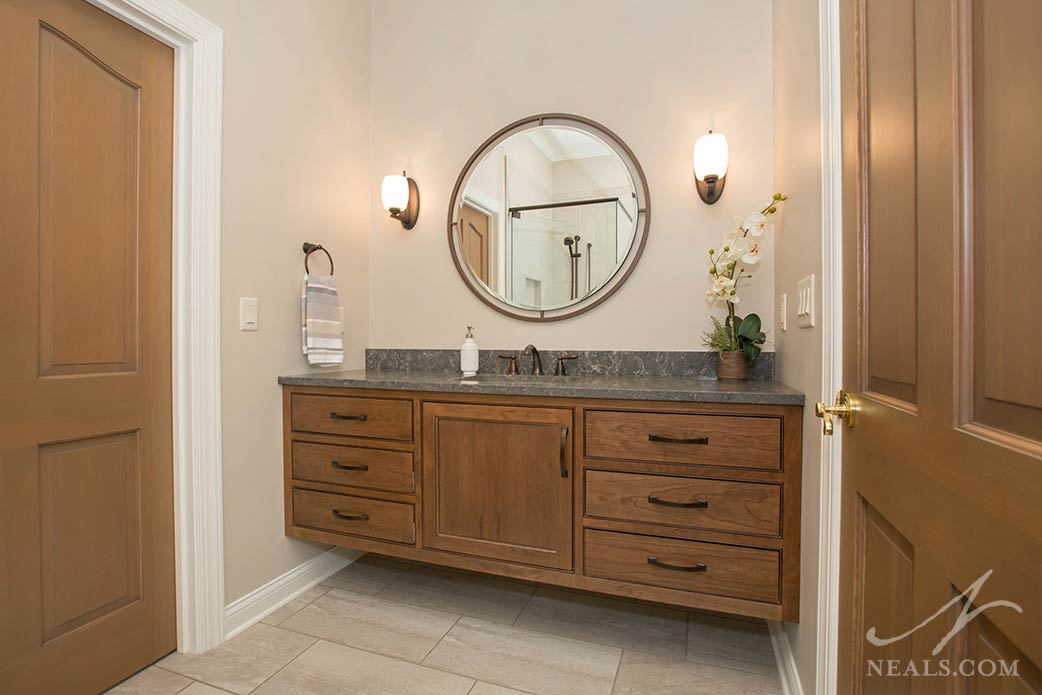 Floating vanity in a traditional guest bathroom in Southeast Indiana.