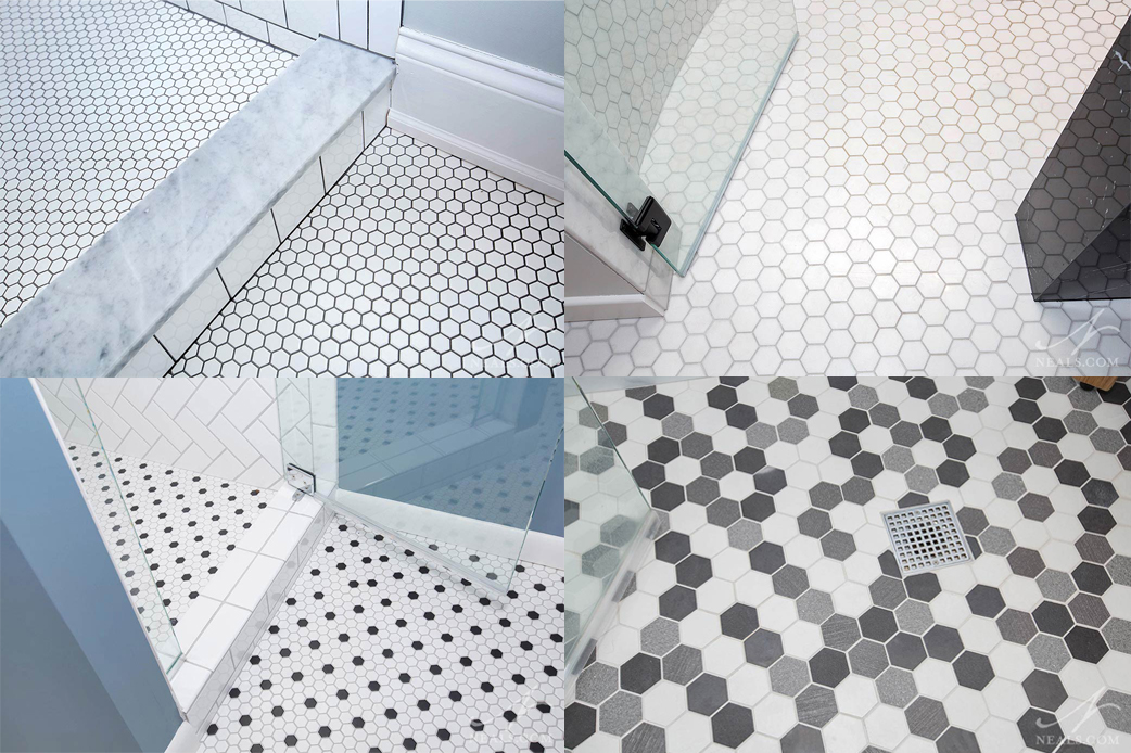 A selection of hexagon floor tiles from our bathroom remodels.